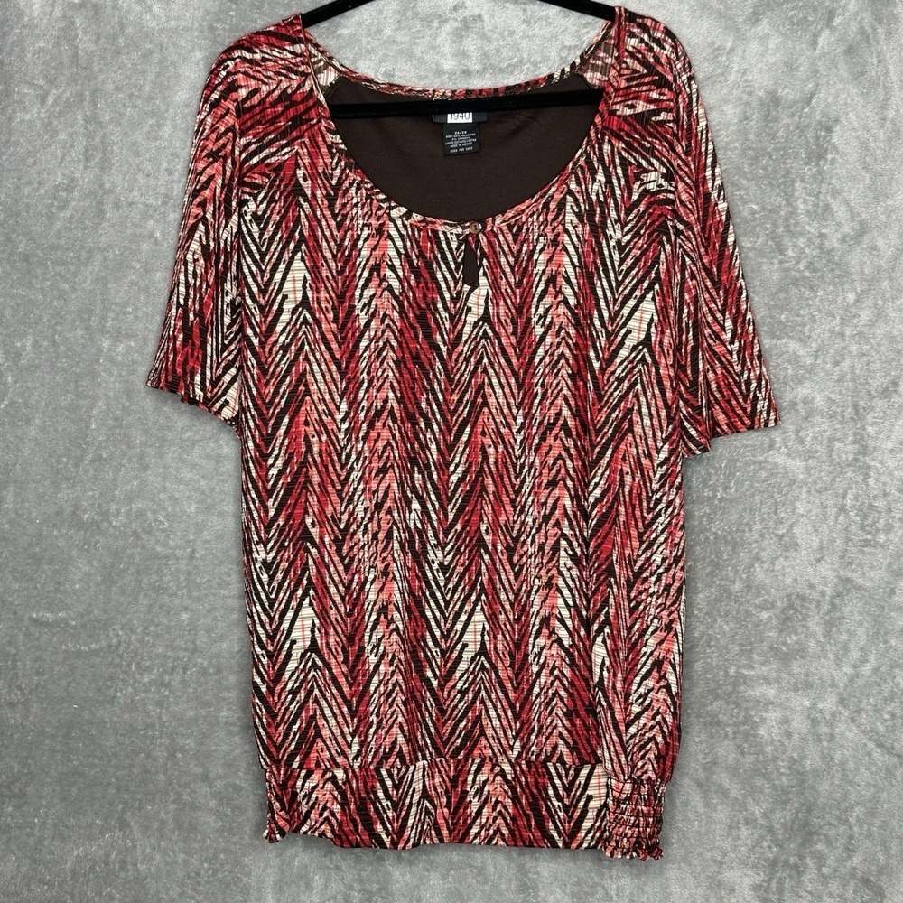 Studio 1940 26 28 3X Shirt Top Red Pink Striped Short Sleeve Keyhole Scoop Neck